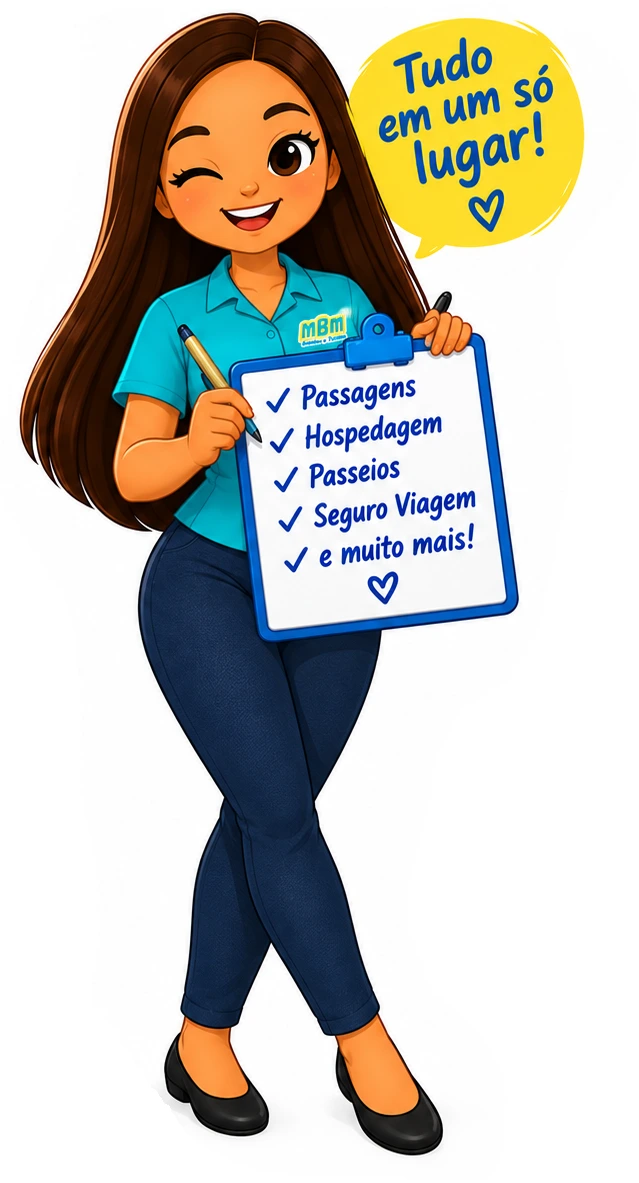 Emezinha, mascote da MBM, de corpo inteiro com uma prancheta apresentando passagens, hospedagem, passeios e seguro viagem.