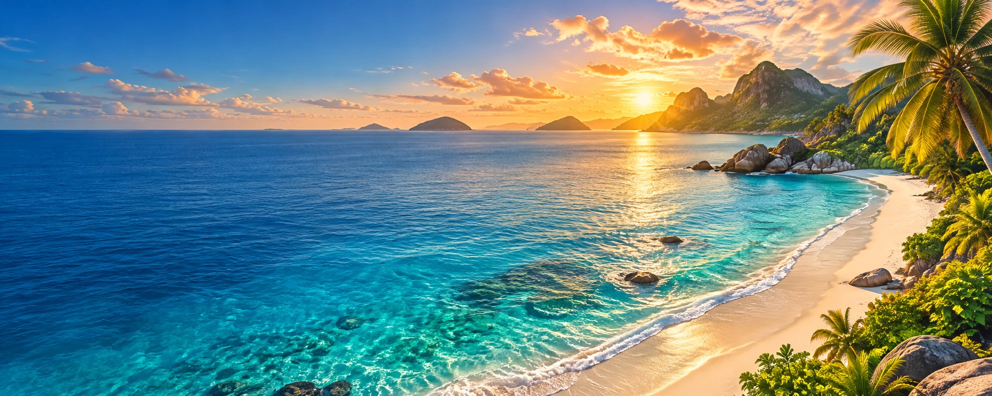 Paisagem tropical ilustrativa com mar turquesa, praia e pôr do sol