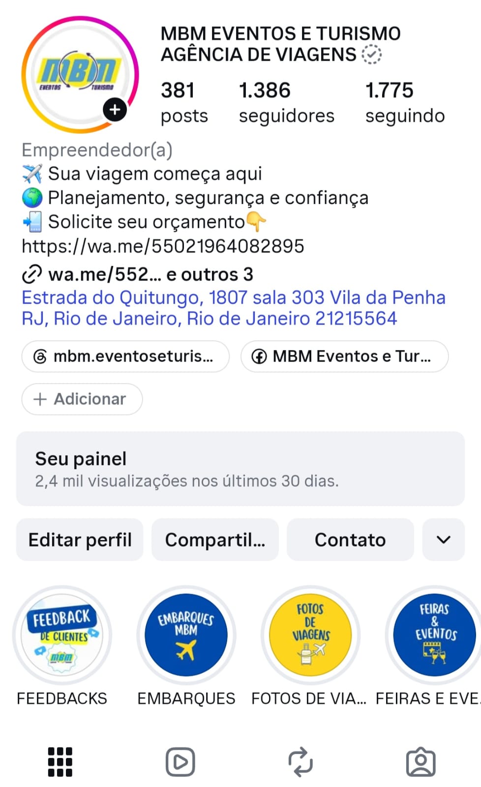 Perfil da MBM Eventos e Turismo no Instagram, com a logo e a bio da agência